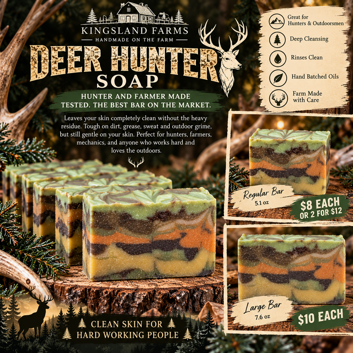 Kingsland Farms Deer Hunter Soap with regular and large bar pricing