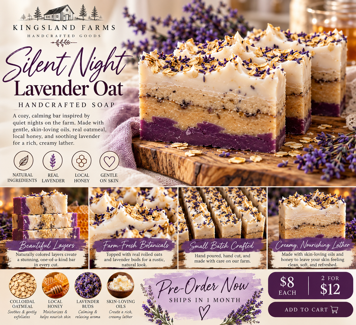 Kingsland Farms Silent Night Lavender Oat handcrafted soap — preorder
